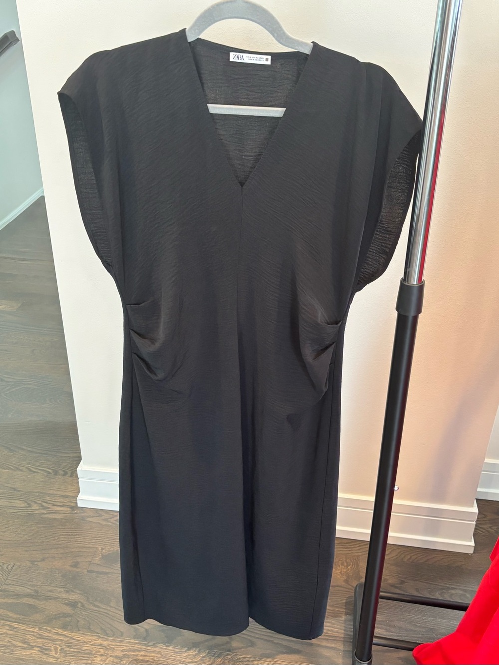 Zara Black V-Neck Midi Dress with Subtle Draping